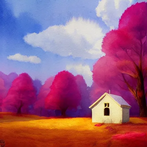 Image similar to a watercolor art in shape of wool felting small wooden house in the middle of spring forest, bright colours, children illustration, 4 k, matte painting, by rhads