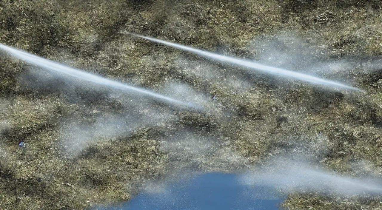 Prompt: Big drops of water flying upwards from a dried up river into a cloudless blue sky, hyper detailed photorealistic