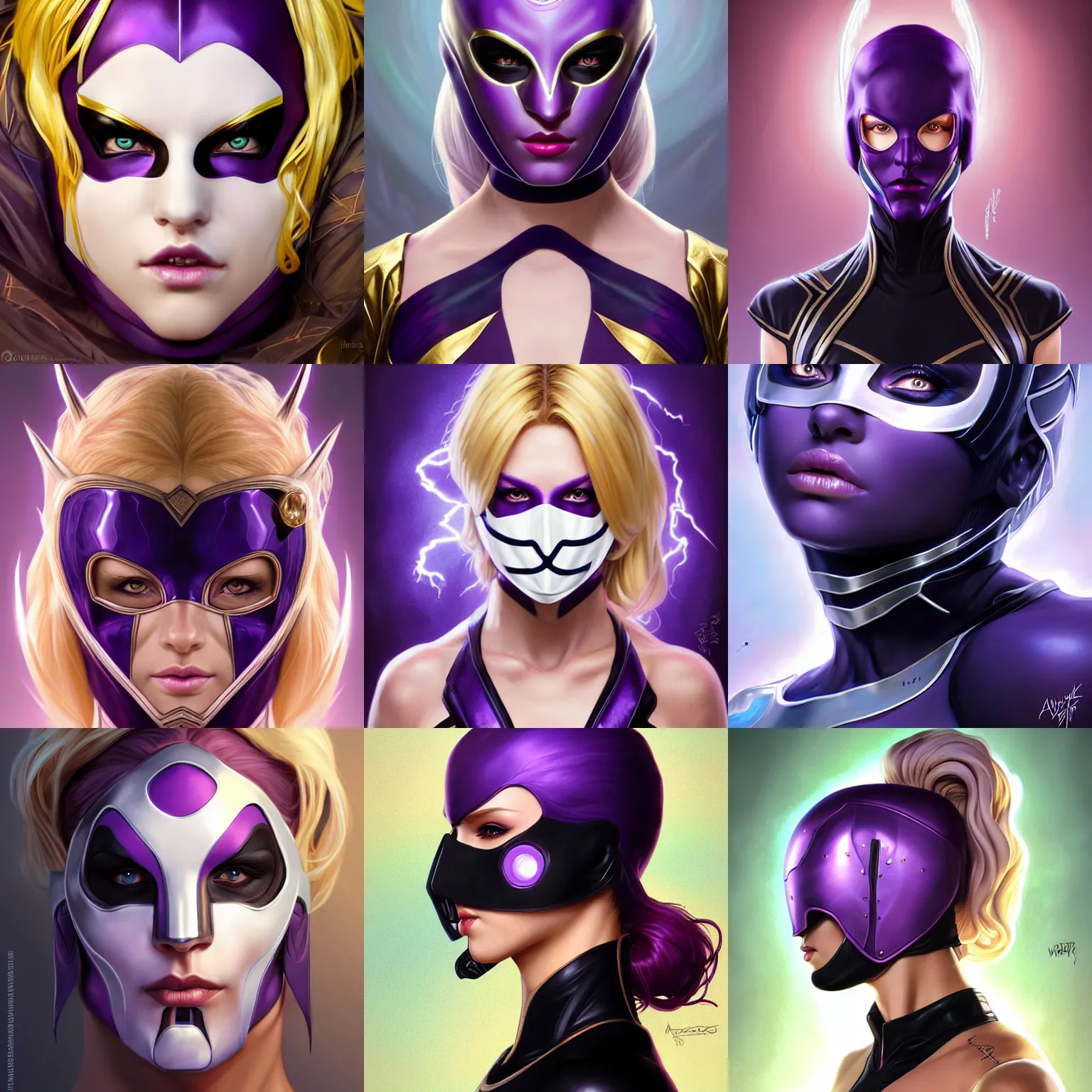 Prompt: character concept portrait, symmetrical head-on centralized, Courtney Whitmore, mask, blond, black and violet costume. Detailed, high quality, dynamic lightning, fantasy. Artwork by Artgerm, WLOP, Alex Ross, Greg Rutknowski, Alphonse Mucha