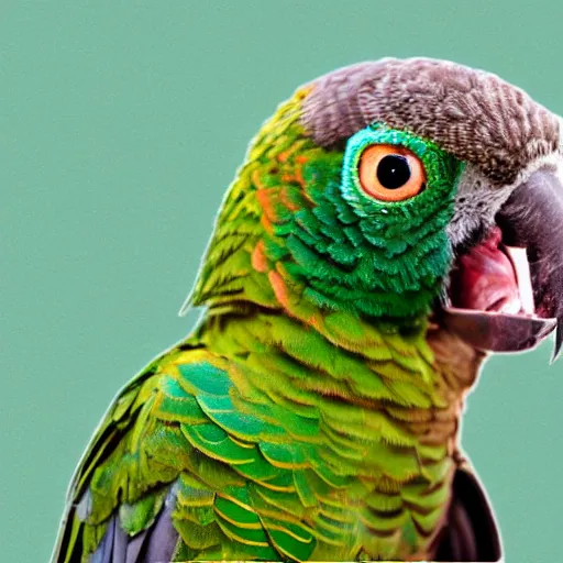 Prompt: green cheek conure, African Grey, dueling, medieval, fantasy, cat face in sun