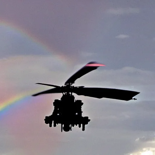 Image similar to an rainbow coloured Apache attack helicopter flying trough the air