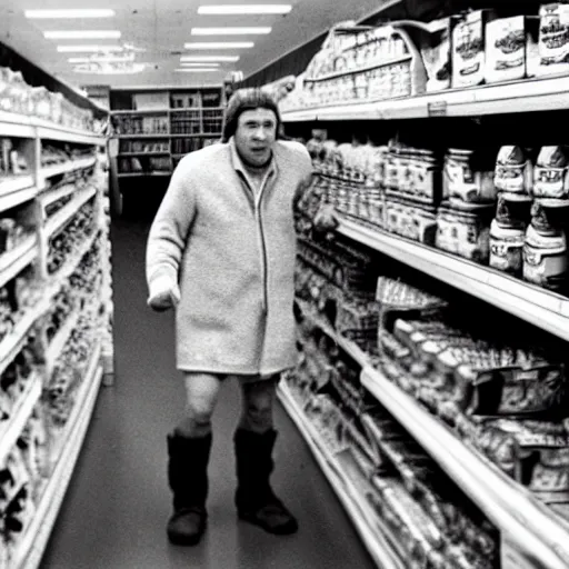 Prompt: black and white grainy photograph of bigfoot shopping for groceries in a 1960s grocery store