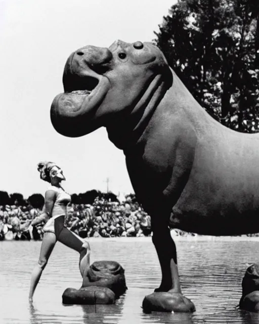 Image similar to photograph of Madonna Ciconne riding a Hippo during a concert performance