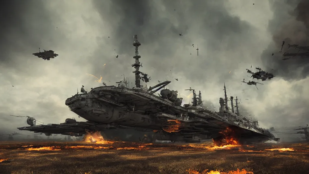 Image similar to an immense steampunk aircraft carrier crashed and burning in a field, thick black smoke billowing, turbulent storm clouds, dystopian, sharp focus, octane render, imax