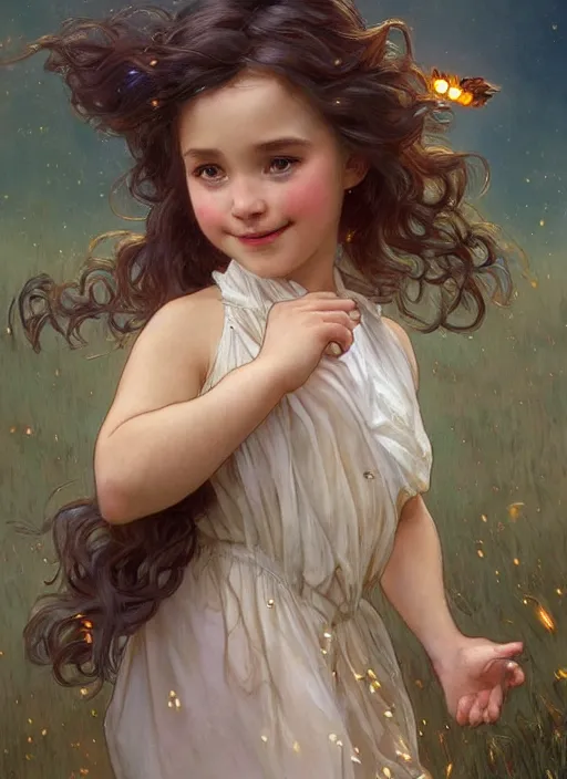 Image similar to A cute little girl with shoulder length curly brown hair with a happy expression wearing a summer dress dancing with fireflies, she is in the distance. beautiful fantasy art by By Artgerm and Greg Rutkowski and Alphonse Mucha, trending on artstation.