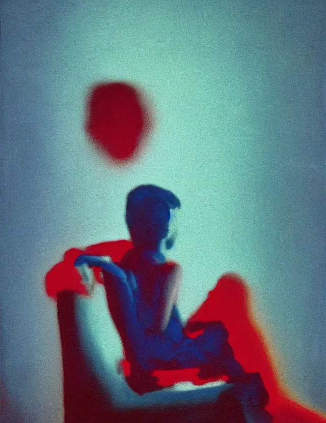 Image similar to boy in dark room sitting on a chair infront of tv, blue rays from tv, redshift, wide shot, coloured polaroid photograph, pastel, kodak film, hyper real, stunning moody cinematography, by maripol, fallen angels by wong kar - wai, style of suspiria and neon demon, david hockney, detailed, oil on canvas