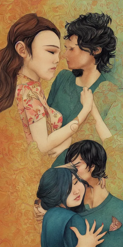 Prompt: greeting card, love, 2 people, by tran nguyen, warm colors, cozy