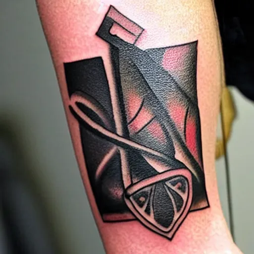 Prompt: tattoo of a small abstract hatchet on the forearm
