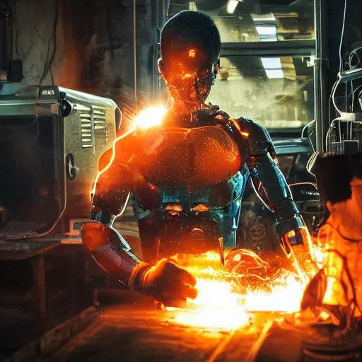 Image similar to cyborg with toaster oven for torso, dark messy smoke - filled cluttered workshop, dark, dramatic lighting, orange tint, sparks, cinematic, highly detailed, sci - fi, futuristic, movie still