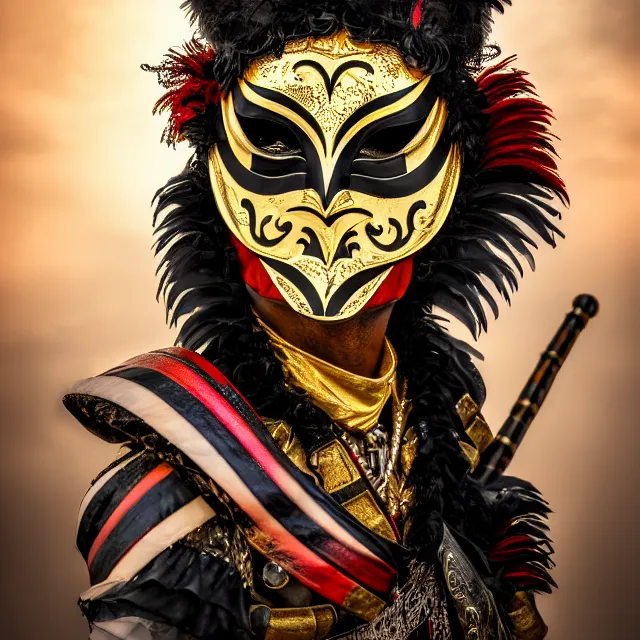 Image similar to full shot photo of a beautiful!! harlequin warrior with venetian mask highly detailed 8 k hdr smooth sharp focus high resolution award - winning photo photorealistic