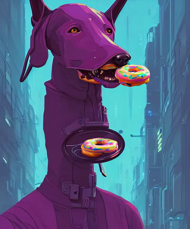 Image similar to a portrait of an anthropomorphic cyberpunk greyhound dog eating a donut, cyberpunk!, fantasy, elegant, digital painting, artstation, concept art, matte, sharp focus, illustration, art by josan gonzalez