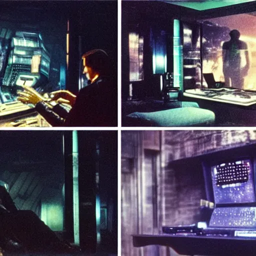 Prompt: 1 9 8 2 film stills of blade runner's deckard on his computer, upscaling a photo. his futuristic room is dark and atmospheric, touches of frank lloyd wright and syd mead,.