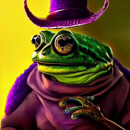 Image similar to A professional digital portrait painting of a frog wizard, painted in the style Arcane, 4k, digital art, trending on cgsociety, highly detailed, upper body shot, shallow depth of field, purple and yellow lighting, professional lighting, airbrush