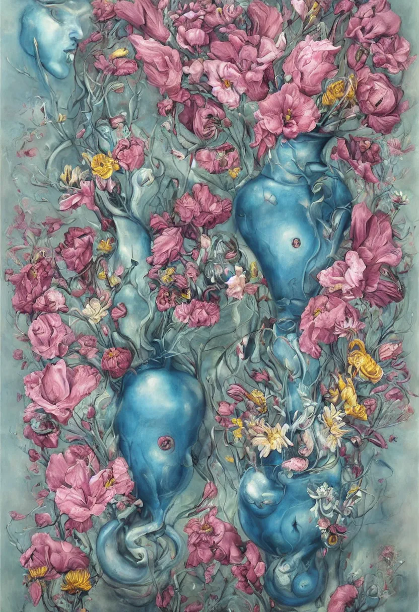 Image similar to a biomorphic painting of a vase with flowers and eyeballs in it, a surrealist painting by marco mazzoni, by dorothea tanning, pastel blues and pinks, featured on artstation, metaphysical painting, oil on canvas, fluid acrylic pour art, airbrush art, bees, seapunk, rococo, lovecraftian