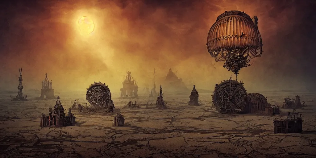 Image similar to steampunk zepellin floating above aral lake desert in the style of jaroslaw jasnikowski, dramatic lighting, colorfull, epic, photorealistic, perfectly centered, baroque style, steampunk, alexander mikhalchuk, jaroslaw jasnikowski, dariusz zawadzki, h. r. giger, trending on artstation