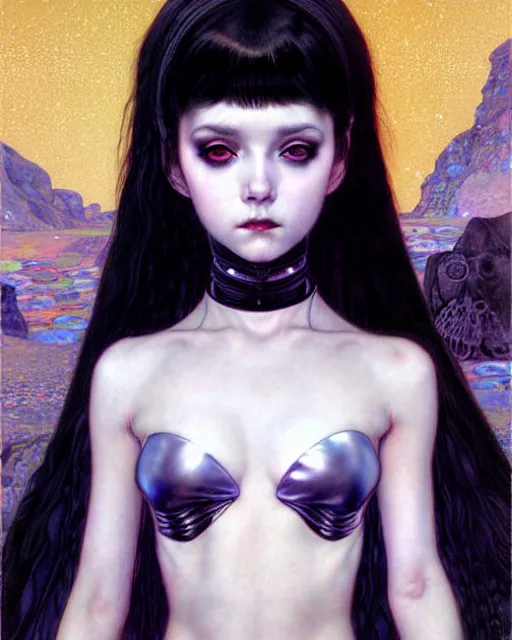 Image similar to portrait of beautiful cute young goth maiden girl with short white hairs in warhammer bikini armor, art by ( ( ( kuvshinov ilya ) ) ) and wayne barlowe and gustav klimt and artgerm and wlop