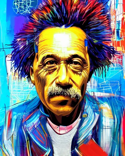 Prompt: a cyberpunk portrait of a einstein by jean - michel basquiat, by hayao miyazaki by artgerm, highly detailed, sacred geometry, mathematics, snake, geometry, cyberpunk, vibrant, water