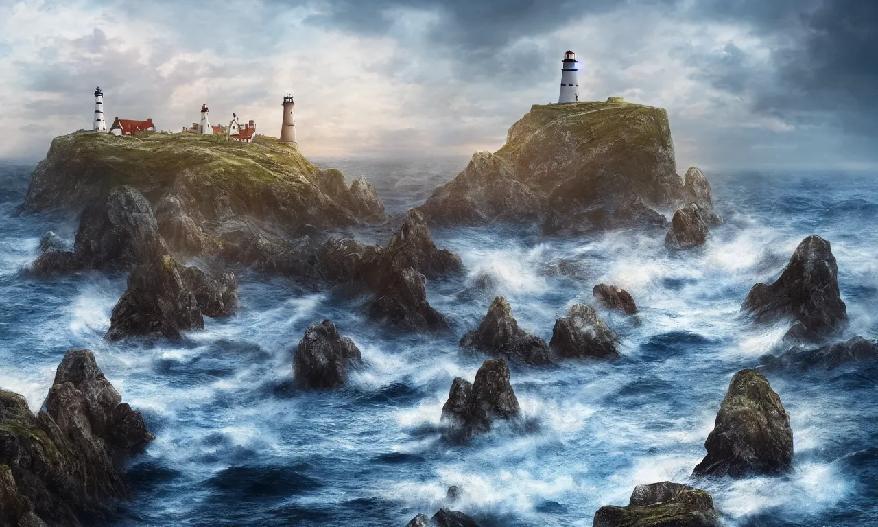 Prompt: five lighthouses on a rocky cliff, historical town in the background, dramatic coastline, fantasy landscape, mytical place, nordic coast, large waves, storm, wooden viking ships, matte painting, artstation, photorealistic, 4 k