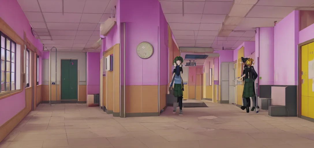 Image similar to Look of Danganronpa school interior, colorful hallway, cartoon moody scene, made in blender, 8k, many details reminiscent of school and despair