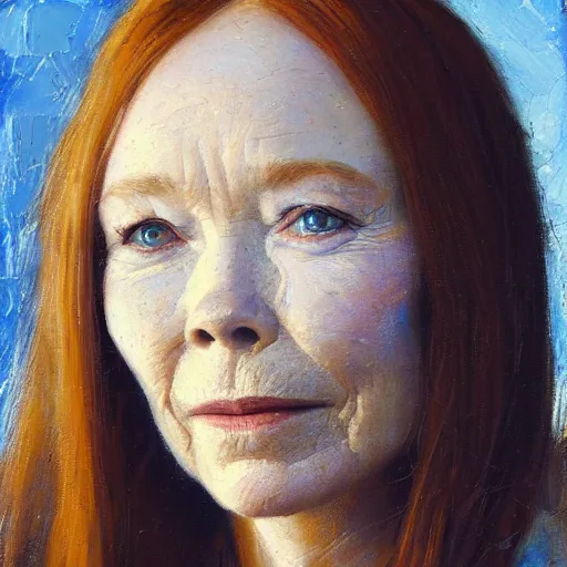 Image similar to stunning serene portrait of Sissy Spacek by Mark Arian, 0ne inch thick impasto oil on canvas, masterpiece, realism, piercing gaze, autumn bokeh