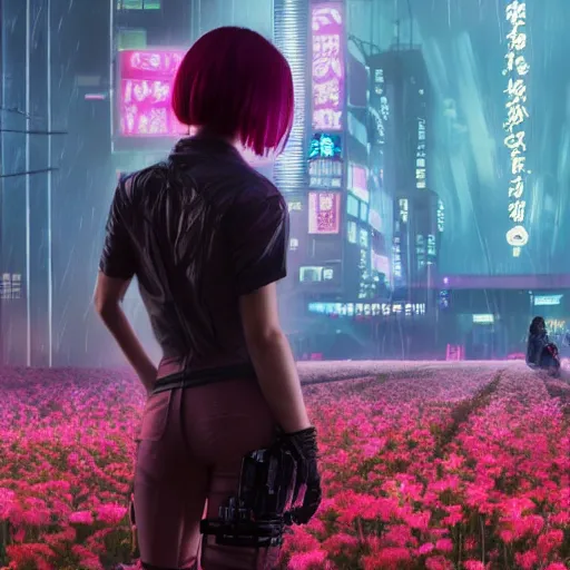 Prompt: woman of flowers, floral, cyberpunk, japanese cyberpunk city, blade runner 2 0 4 9