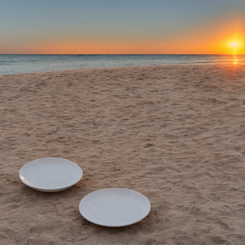 Image similar to professional photo of empty white dish in the middle over a table with a sunset on the beach in the background