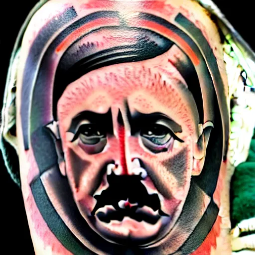 Image similar to tattoo of adolf hitler and coat of arms of ukraine many details, super realistic, high quality, 8 k