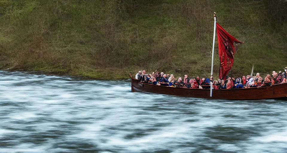 Image similar to a viking ship sailing down a river, f / 2. 8, motion blur