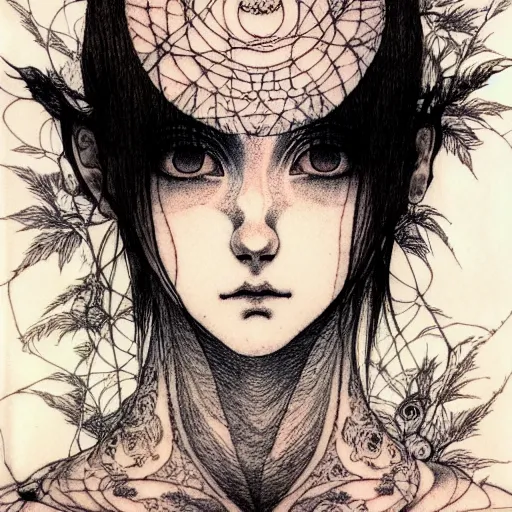 Image similar to prompt: Fragile looking vessel portrait tattooed face character soft light drawn by Vania Zouravliov and Takato Yamamoto, inspired by Fables, magical and alchemical weapons, soft light, white background, intricate detail, intricate ink painting detail, sharp high detail, manga and anime 2000