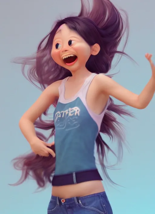 Image similar to a cute asian girl laughing, flowing hair, in the style of pixar animation, full body shot, viewed from bellow, award winning, hyper detailed, studio lighting, artstation, octane renderer, unreal engine