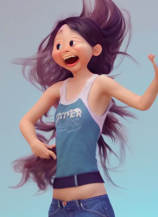 Prompt: a cute asian girl laughing, flowing hair, in the style of pixar animation, full body shot, viewed from bellow, award winning, hyper detailed, studio lighting, artstation, octane renderer, unreal engine