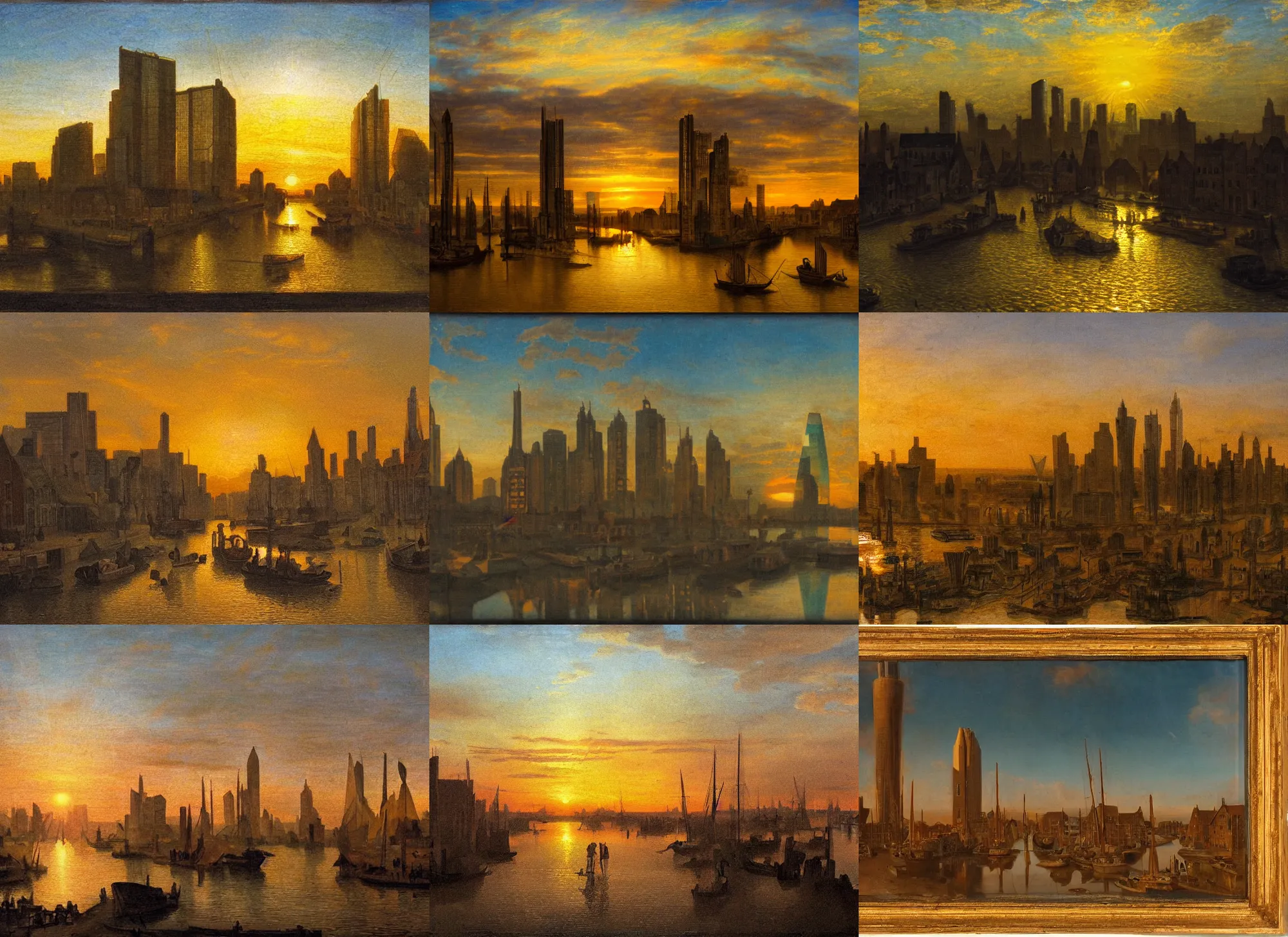 Prompt: a glass city consisting of glass and made from glass, sundown golden hour, prism, in the style of the dutch masters