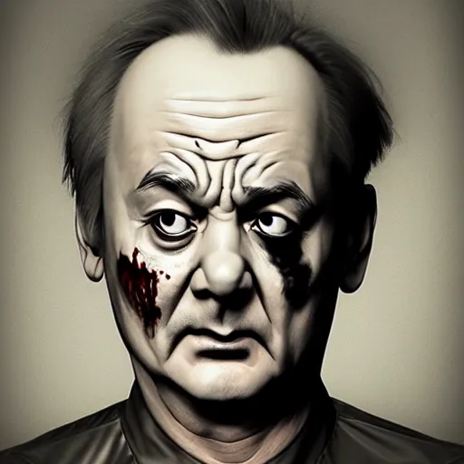 Prompt: bill murray as angry zombie portrait, horror core, apocalyptic, bathrobe, pale skin, wounds, one eye hanging out, snarling, dramatic, sharp focus, fiction, hyper detailed, digital art, trending in artstation, cinematic lighting, studio quality, smooth render, unreal engine 5 rendered, octane rendered, art style and nixeu and wlop and krenz cushart