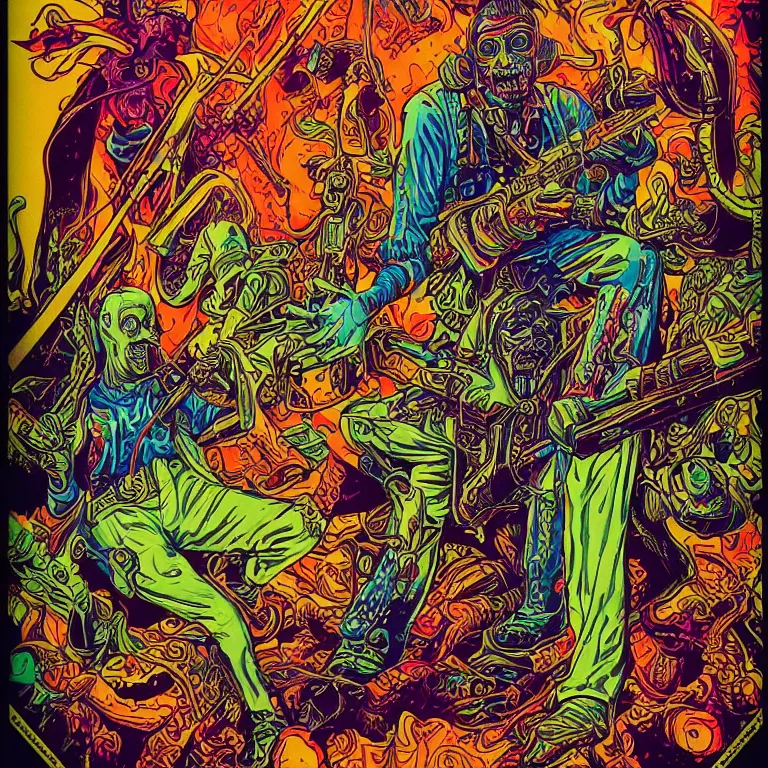 Image similar to beautiful colorful hyperrealist highly detailed psychedelic music poster'zombie ghostbuster ', psychedelic art nouveau, beautiful high contrast colored wood engraving, moebius comic style, shocking detail trending on artstation 8 k
