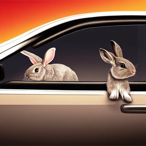 Image similar to a rabbit driving a car from inside, digital art, highly detailed, high contrast, beautiful lighting, award winning, trending on art station, photorealistic, 8 k,