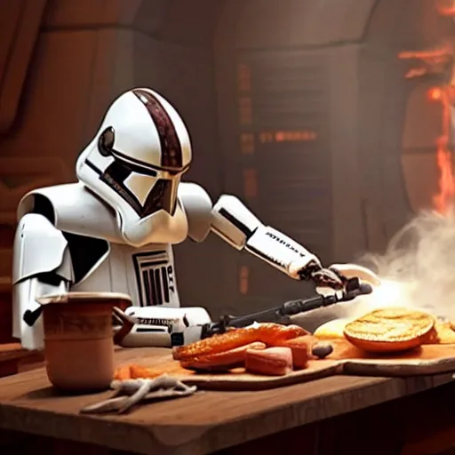 Image similar to Star wars battle droid making breakfast