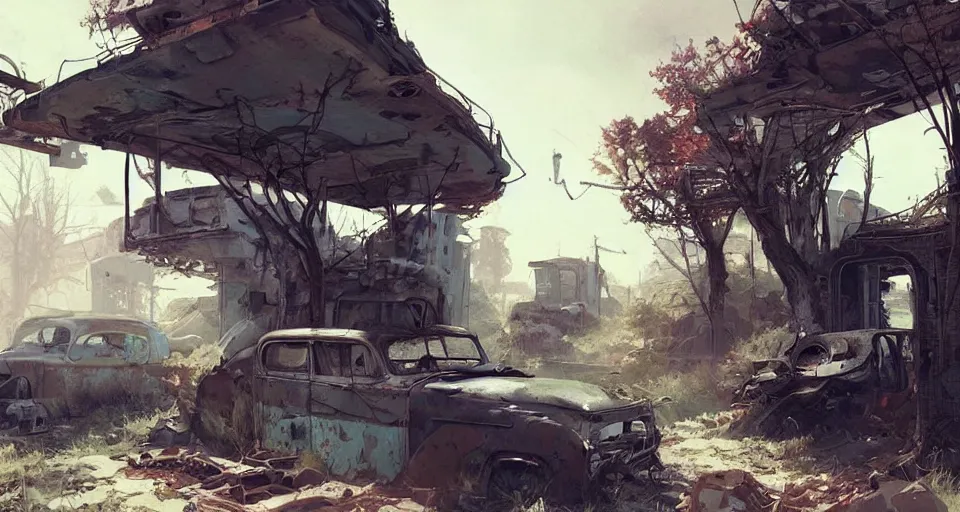 Prompt: fallout 5, rural wastelands, small town, abandoned rusted retro futuristic vintage car and truck, buses, overgrown ruined houses, trees run rampant, illustration, perfectly shaded, soft painting, art by krenz cushart and wenjun lin