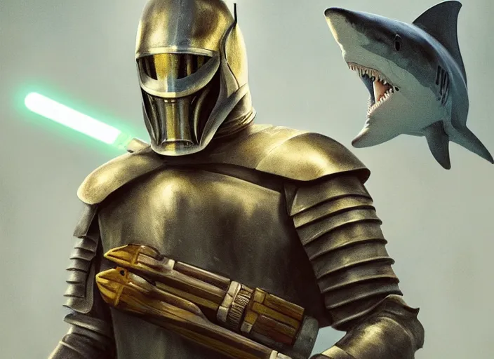 Image similar to beautiful oil matte portrait painting, a knight with a shark head holding a lightsaber, humanoid shark, fantasy, wonderful masterpiece highly detailed, scifi, beautiful cinematic light deep focus, elegant, digital painting, smooth, sharp focus, golden ratio, dramatic illumination, ultra realistic, 8 k, art by jimmy law