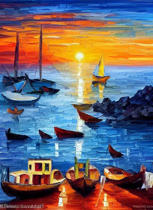 Image similar to beautiful seaside greek village and boats at sunset in the style of leonid afremov