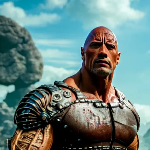 Image similar to cinematic still of dwayne johnson in alita : battle angel ( 2 0 1 9 ), xf iq 4, f / 1. 4, iso 2 0 0, 1 / 1 6 0 s, 8 k, raw, dramatic lighting, symmetrical balance, in - frame