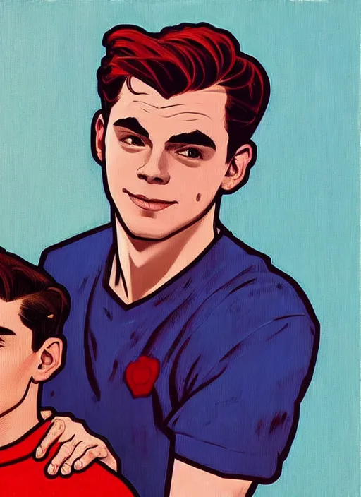 Prompt: oil portrait of archie andrews with a really small jughead jones sitting on his shoulder, archie andrews is a different person from jughead jones, intricate, elegant, highly detailed, lighting, painting, artstation, smooth, illustration, art by greg rutowski and alphonse mucha