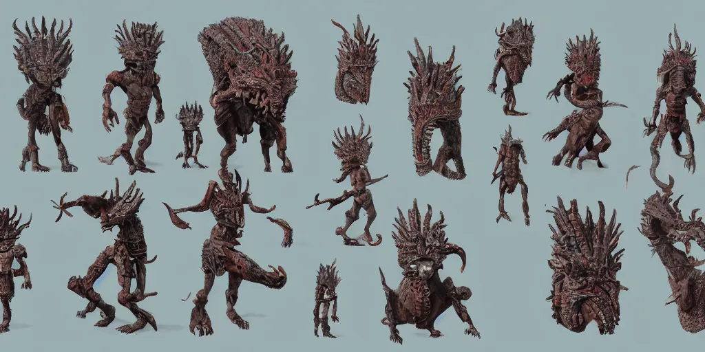 Image similar to Ancient Aztec Mayan statue creature, character design sheet, Monster Hunter Illustrations art book, giant, trees growing on its body, enormous hands, long limbs, horns on its head, bright pale blue eyes, Moebius, Greg Rutkowski, Zabrocki, Karlkka, Jayison Devadas, Phuoc Quan, trending on Artstation, 8K, ultra wide angle, zenith view, pincushion lens effect.