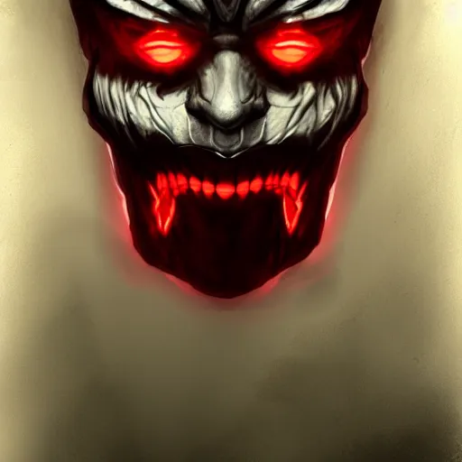 Image similar to portrait of an intimidating glowing scary giant, face and skin is dark red, glowing eyes, glowing veins of white, hero, villain, concept art, centered