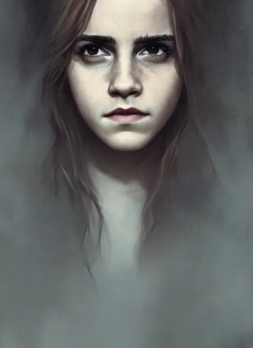 Image similar to emma watson as hermione granger. dark colors. menacing. haunting. frightening. trending on artstation. award winning. artgem. greg rutkowski. beksinski. extremely detailed. 4 k.