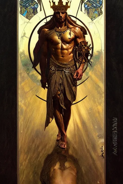 Image similar to a god wearing dark clothes and golden crown, muscular, tarot art, painting by greg rutkowski and alphonse mucha