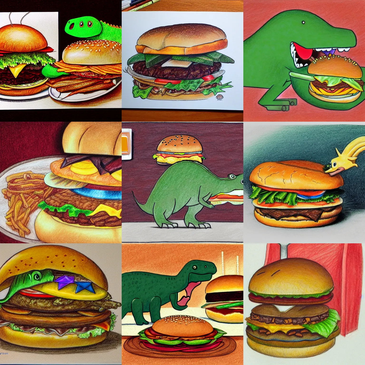 Prompt: color pencil drawing of a dinosaur eating a burger at a restaurant