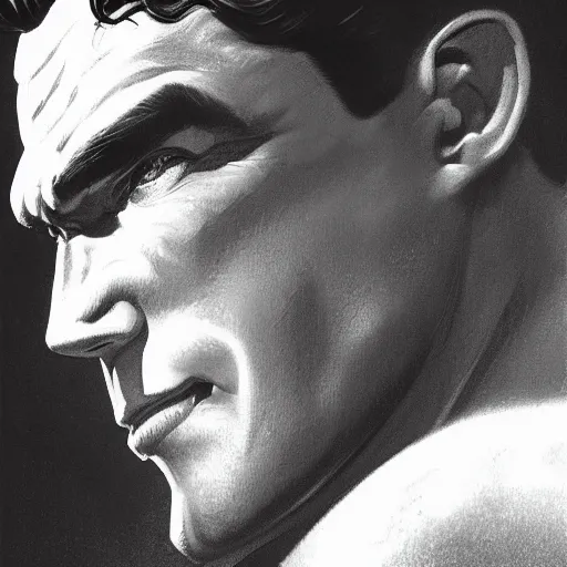 Prompt: an ultra - realistic head and shoulders portrait painting of superman in the style of frank frazetta. 4 k. ultra - realistic. highly detailed. dark fantasy. epic lighting.