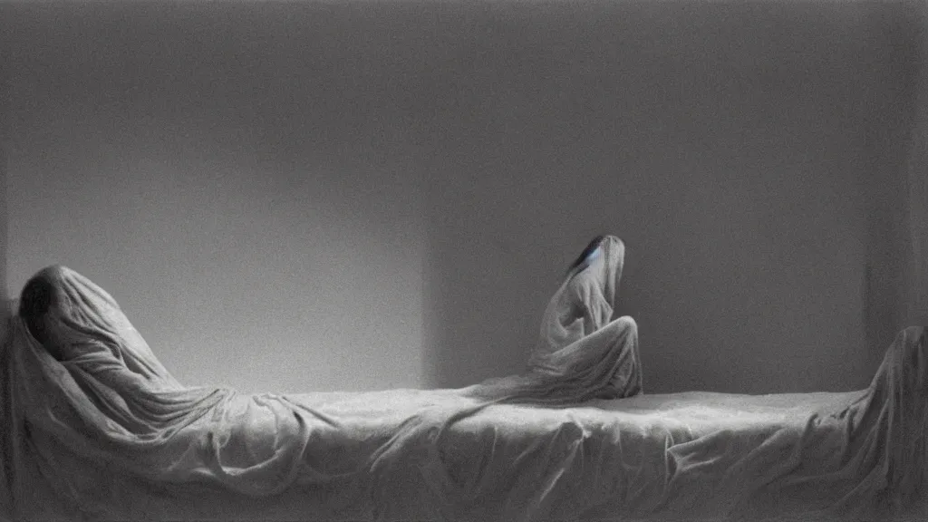 Prompt: an unknown figure sleeps in a bed, I wait by Zdzisław Beksiński, film still, cinematic