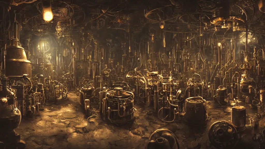 Prompt: dark wizards laboratory, ancient midevil, many tubes connecting many beakers, bronze steril feeling, realistic cinematic lighting, establishing action shot, ultra detailed, hyper realism, photo, octane render, 4k