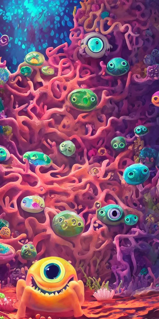 Image similar to of a colorful under water cave with strange cute friendly happy creatures with huge eyes, mouth, long tongue and round teeth appearing from sandy coral, in the style of gehry and gaudi, macro lens, shallow depth of field, ultra detailed, digital painting, trending artstation, concept art, illustration, cinematic lighting, photorealism, epic, octane render